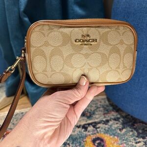 Coach Signature Canvas Saddle Leather Wristlet